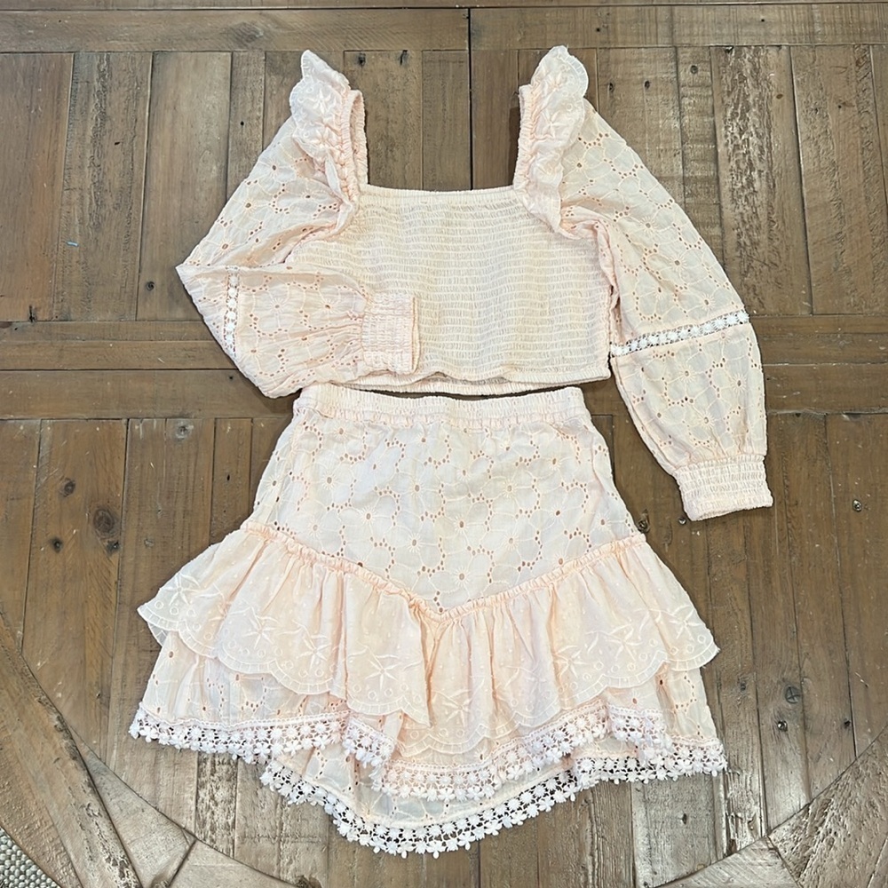 River island peach lace crop top and skirt set